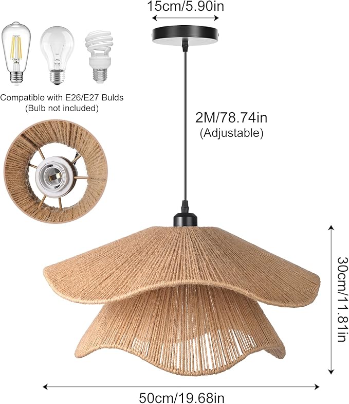 Arturesthome Rustic Woven Pendant Light, Coastal Jute Rope Lampshade Hanging Lighting Fixture,Adjustable Vintage Farmhouse Chandelier Lamp Shade for Kitchen Island Dining Table Room