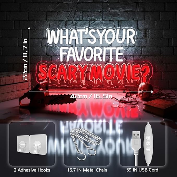 What's Your Favorite Scary Movie Neon Sign,Horror Movies Neon Signs For Wall Decor,LED Sign Wall Decor for Home,Movie Room,USB-Powered with Dimmer Function,for Spooky Season and Horror Fans