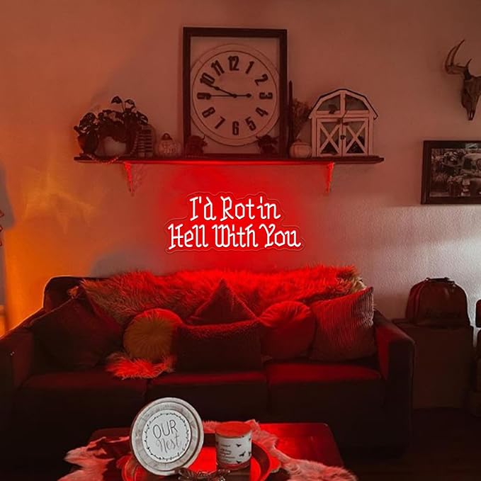I’d Rot in Hell with You Neon Sign, Amigo the Devil Wedding Neon Sign, Gothic Home Decor, Unique Couple’s Neon Light for Weddings, Anniversary, and Dark-Themed Rooms 22.8"×10.4"