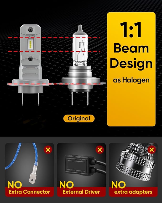 H7 Bulb 35000LM 120W, High and Low Beam, 6500K White, 1:1 Mini Size Plug and Play, Non Polarity, Fanless H7 Fog Lights, 500% brightness upgrade, 30000 Hours of Service Life （Pack of 2）