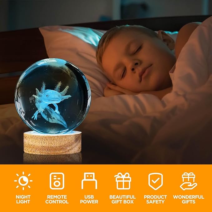 3D Axolotl Crystal Ball Night Light 3.15 inch Axolotl Glass Ball Lamp with 16 Color Changing Wooden Base and Remote Axolotl Ideal Gifts for Kids Friends Birthday Christmas Room Decor Axolotl Toys