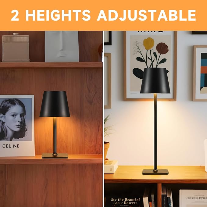 Black Cordless LED Desk Lamps Portable Powered by a 5000mAh Battery, offering stepless dimming and 3 Color Modes, for bedrooms, Restaurants, Bars, Camping, and Outdoor (Black-2pc)