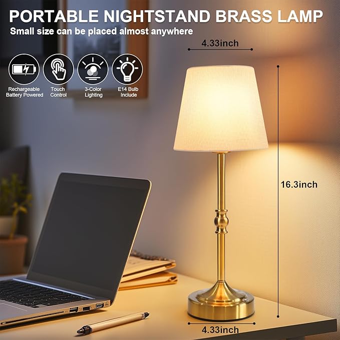 2 Pack Rechargeable Cordless Table Lamp, 5000mAh Battery Operated Lamps, Wireless 3-Level Dimmable Touch Lamp, Portable Night Bedside Brass Lamp, Desk Light for Patio Restaurant Dinnin (Gold)