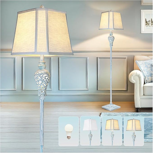 Vintage Floor Lamp with Nightlight, 65" Retro Standing Lamp with White Linen Shade, Washed Blue Finish Farmhouse Style Design Tall Lamp Decor for Living Room Bedroom Study Home Corner (Bulb Included)