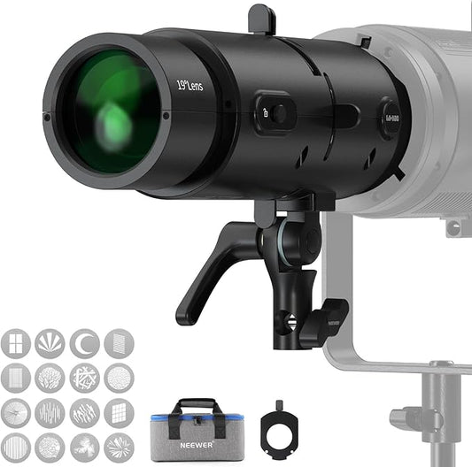 NEEWER LS-300 Spotlight Optical Snoot for 300W Bowens Mount LED Video Lights with 16x GOBO 19° Projection Lens 98% Light Transmittance Geometric Shaper for Creative Photography & Enhanced Illuminance