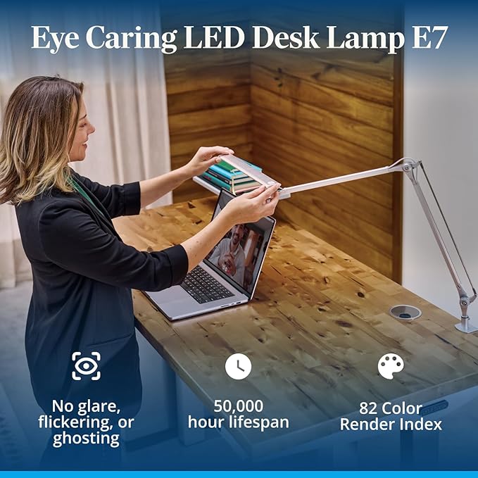 UPLIFTDESK E7 LED Desk Lamp - Adjustable 3 Color Modes, Dimmable Home Office Desk Light for Standing Desk, Dual Monitors, Aluminum Task Lamp (Silver Base)