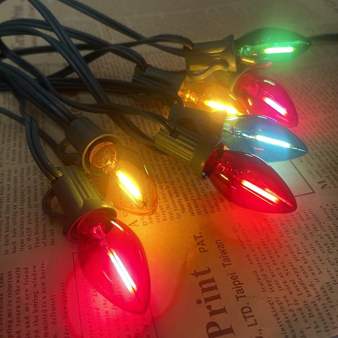 25 Pack LED C7 Christmas Lights Replacement Bulbs,Clear Multicolor Christmas Light Bulbs 0.6Watt Dimmable E12 LED Glass Bulbs for Indoor Outdoor Decorative