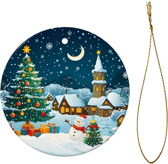 Merry Christmas Snow Tree Snow Scene Christmas Ornaments, Christmas Decorations Xmas Tree Hanging Ornaments, Round Ceramic Festive Keepsake Gift for Xmas Decorations Holiday Home Decor