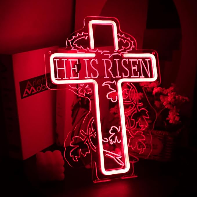 He Is Risen Neon Sign Cross Easter Neon, Dimmable LED Neon for Wall Decor Bedroom Home Room Party Decor, LED Neon Light for Wedding Christmas Easter Celebrations New Year Gift