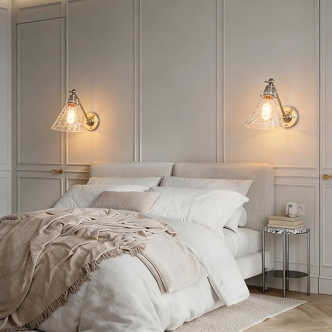 Industrial Vintage Slope Pole Wall Mount Single Sconce with Funnel Flared Clear Glass Shade, Swing Arm Wall Sconce Light Lamp Fixture Hardwired