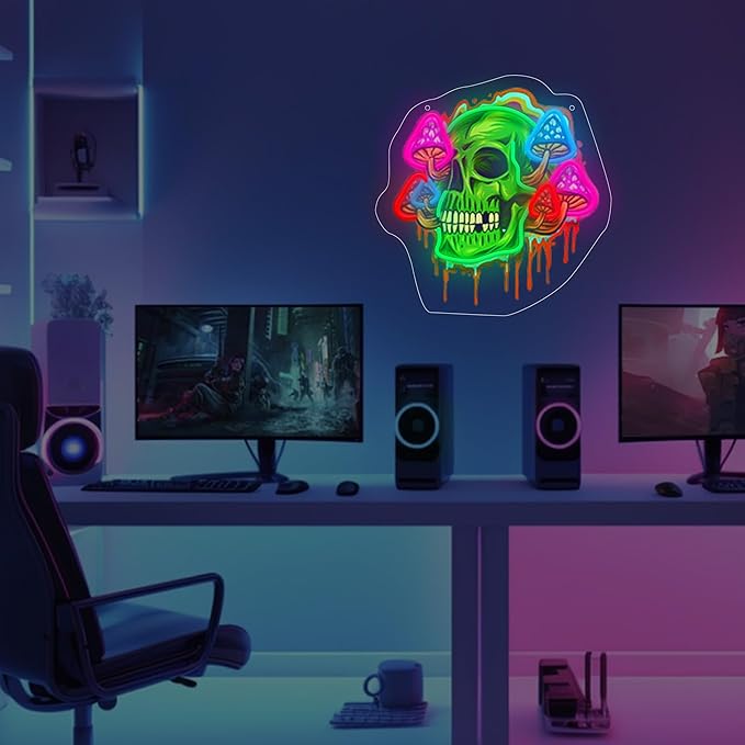 Psychedelic Skull Neon Sign with Printed Backboard, LED Neon Wall Art with Colorful Mushrooms for Man Cave, Bar, Game Room & Studio Decor, USB Powered Birthday Holiday gifts