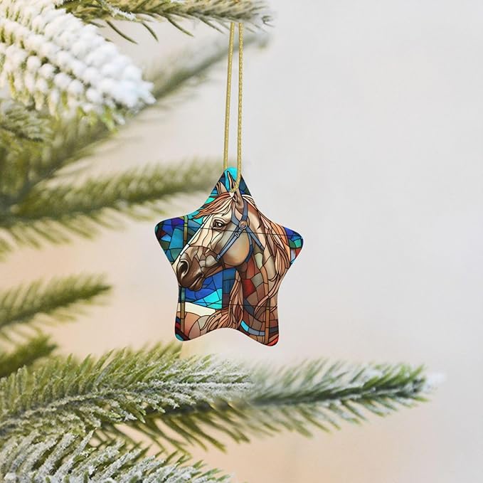 Glass Horse Christmas Ornaments, Christmas Decorations Xmas Tree Hanging Ornaments, Star-Shaped Ceramic Festive Keepsake Gift for Christmas Decorations Holiday Home Party