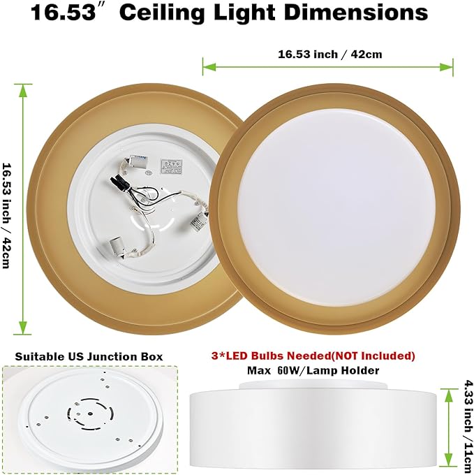 Modern White and Gold Flush Mount Ceiling Lights, 16.5" Minimalist Glass Round Ceiling Lighting, Drum Close to Ceiling Light Fixtures for Living Room, Bedroom, Dining Room, Kitchen, Hallways