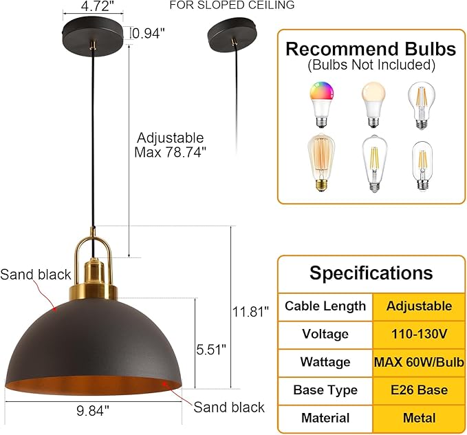 Vintage Industrial Pendant Light Black Pendant Light with 9.84-inch Dome and Brass Socket, 78.74-inch Wire – Perfect for Kitchen Island, Dining Room, Hallway, Bedroom, Living Room