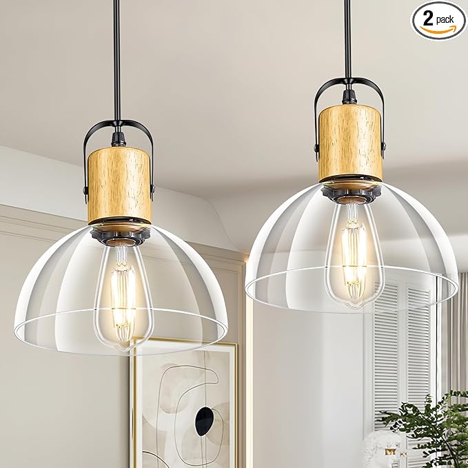 2 Pack Glass Pendant Lights Kitchen Island, Modern Farmhouse Pendant Light Fixture with 7.5" Clear Glass Shade, Hanging Light for Dining Room, Bedroom, Bathroom, Solid Wood