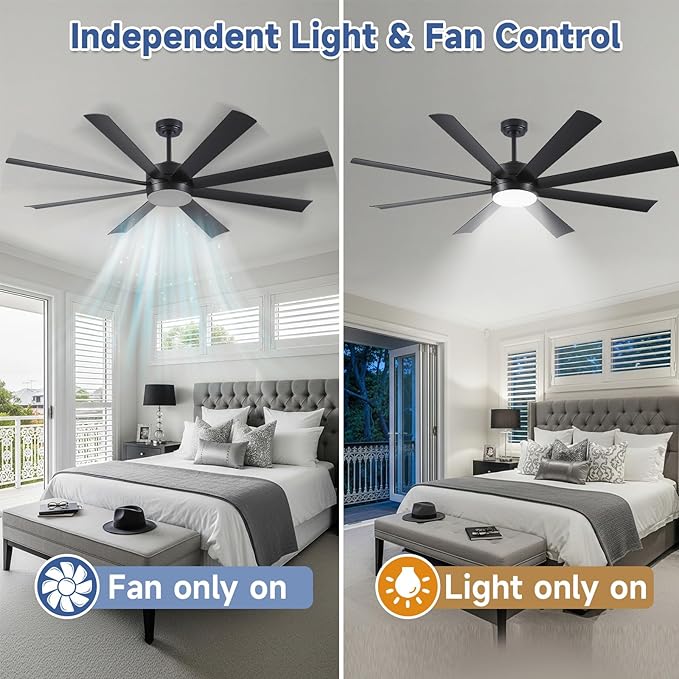 72 Inch Ceiling Fans with Lights, Ceiling Fans with Lights and Remote, Dimmable, Indoor/Outdoor Black Modern Ceiling Fan for Kitchen Living Room Patio, Shop Industrial, Dual Finish 8 Blades