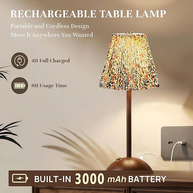 Small Vintage Cordless Table Lamp,3000mAh Rechargeable Battery Operated Desk Lamp,3 Color Stepless Dimming Up LED Flower Night Light for Bedroom Living Room Patio Camping Restaurant Home Coffee Shop