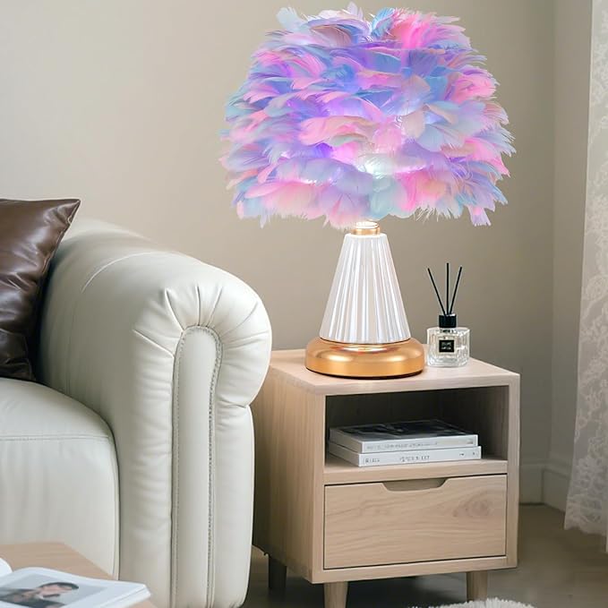 Colorful Feather Table Lamp Cute Ceramic Fluffy Bedside Lamp Princess Furry Nightstand Light Girl Romantic Desk Lamp for Girl Bedroom Living Room Office Nursery Valentines Wedding Decor