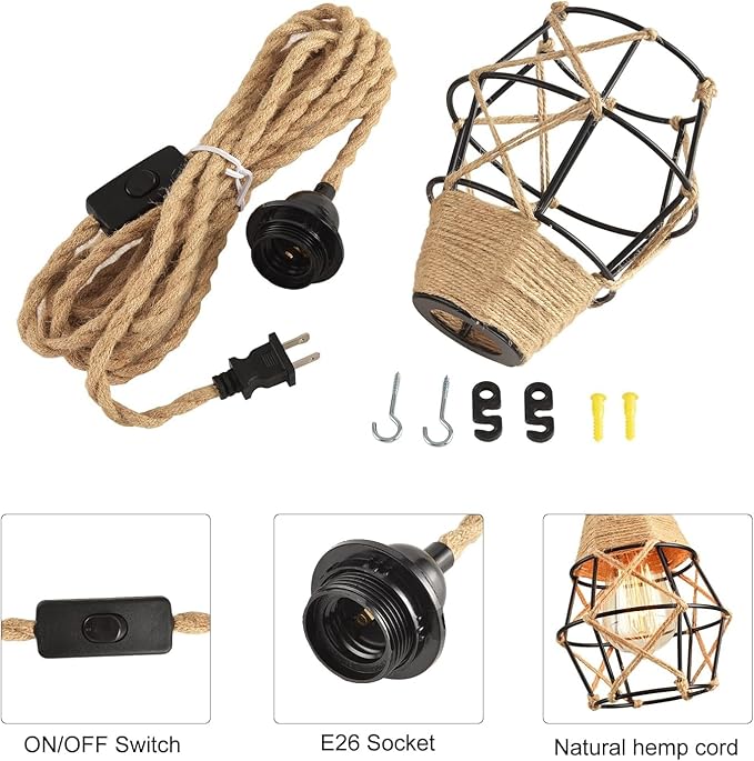 Industrial Hanging Light with Plug in Cord - Hemp Rope On/Off Switch Farmhouse Pendant Light for Dining Room