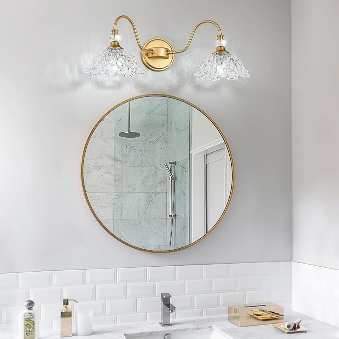 Vintage Bathroom Vanity Light, 2-Light Matte Brass Finish Vanity Light with Floral Clear Glass Shades, Retro Wall Sconce for Bathroom, Dressing Table