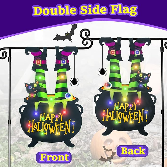 Halloween Lighted Garden Flag for Outside, Led Solar Yard Flag 8 Modes Witch Feet Shape Flag, 28x41 Double Sided Cauldron Eyeball Black Cat Decorations for Home Porch