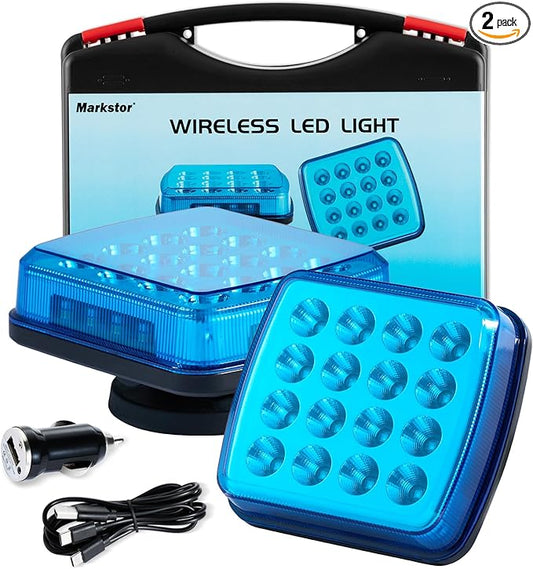 Wireless LED Road Flares for Emergency,Rechargeable Safety Flashing Lights for Vehicles,Portable Strobe Light Magnetic Emergency Strobe Light Kit for Trucks(Blue)