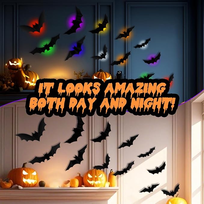 PChero 12 Lights & 48 Bats Halloween Decoration Kit with Remote Timer, Color Changing Light up Bats Wall Decor, 10 Different Size 3D Bat Stickers for Window Wall Living Room Bedroom Party Spooky Decor