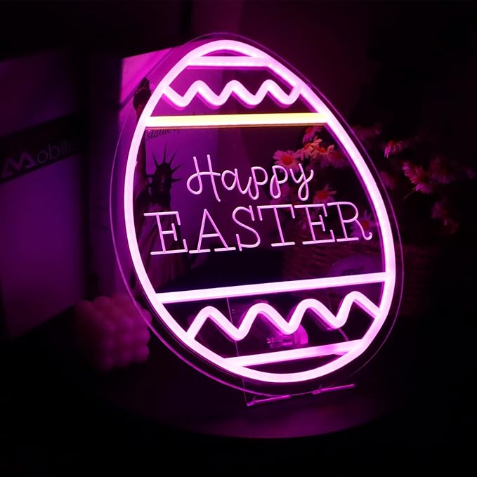Happy Easter Neon Sign LED Aesthetic Living Room Decor Rabbit Decorative Window Lights for Girls Kids Bedroom Wall Home - 13 inches x 14 inches - Pink - Modern - Window Mount - Easter Decor