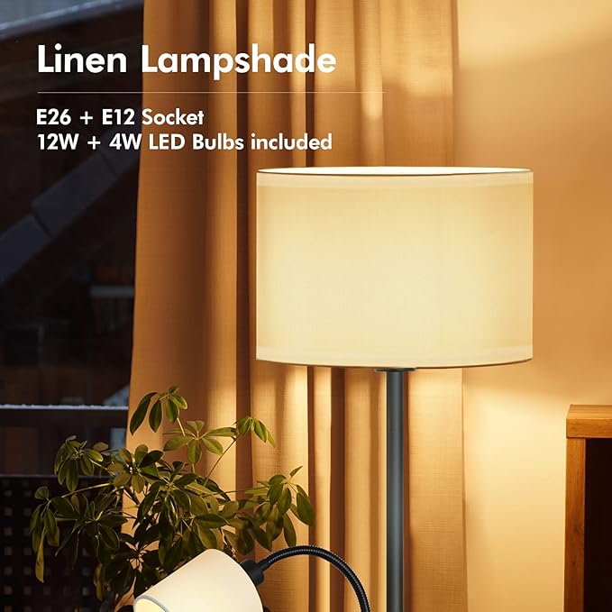 Floor Lamps Standing Lamp, Bright Stand up Lamp with Reading Light, White Lampshade, 62" Tall, 3-Way Rotary Switch, Black Corner Light for Bedroom Office, Modern Living Room Decor(LED Bulbs Included)