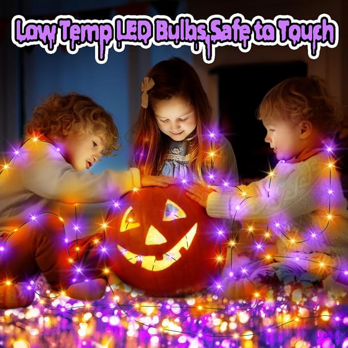 KOUQIYA Halloween Fairy Lights 2 Pack, 16.4ft 50 LEDs Battery Starry Light with Timer 8 Modes Waterproof Mini Lights for Outdoor Indoor Garden Party Decor (Orange Purple, 50 LEDs x 2 Pack)