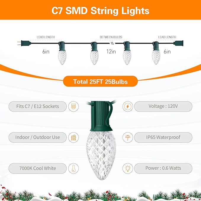 25FT C7 Christmas Lights Outdoor, Bright SMD LED String Lights with 25 7000K Cool White Bulbs for Roof, Fence, Winter Ice Themed Holiday Decor