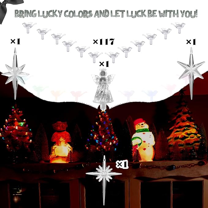 117Pcs Ceramic Christmas Tree Clear White Dove Bird Replacement Lights Bulbs and 1 Angel/3Stars Topper Ornament for Ceramic Tree Décor - Medium Plastic Pegs.