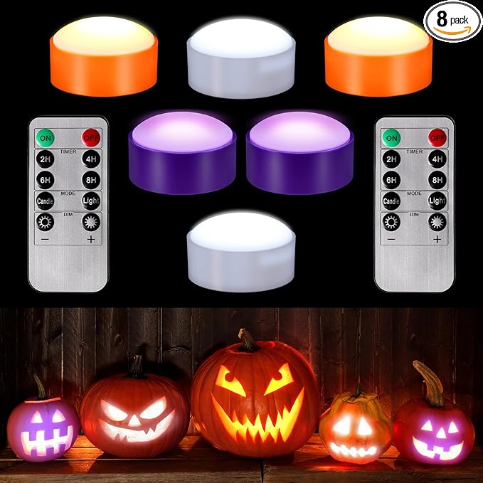 Riakrum 6 Pieces Remote Timer LED Lights with Remote LED Pumpkin Lights Battery Operated Lantern Bright Flameless Candle(White, Orange, Purple)
