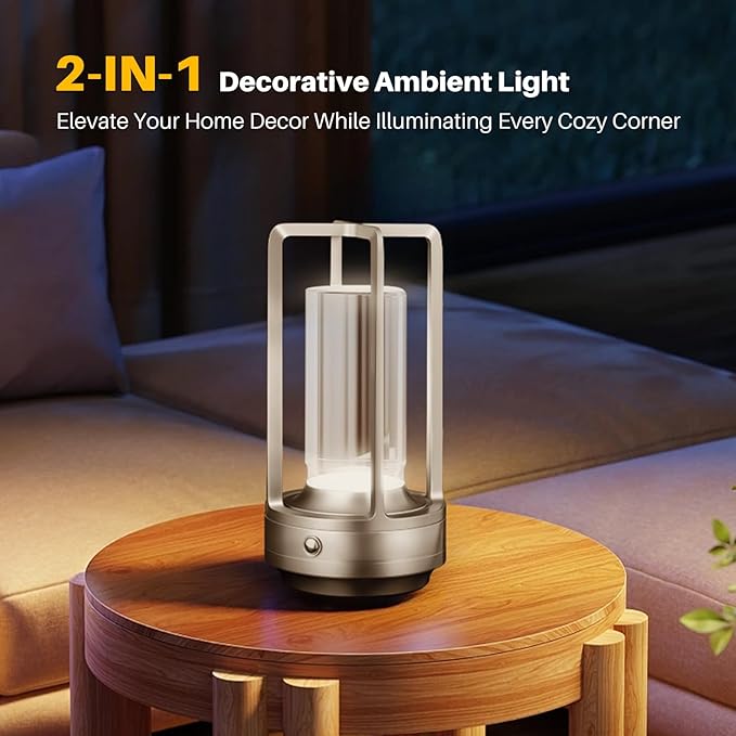 Rechargeable Table Lamp Cordless, Portable Metal Table Lamp 3 Color | Crystal | Stepless Dimming, for Bedroom, Cafe, Camping, Bar, Dining Table, Restaurant