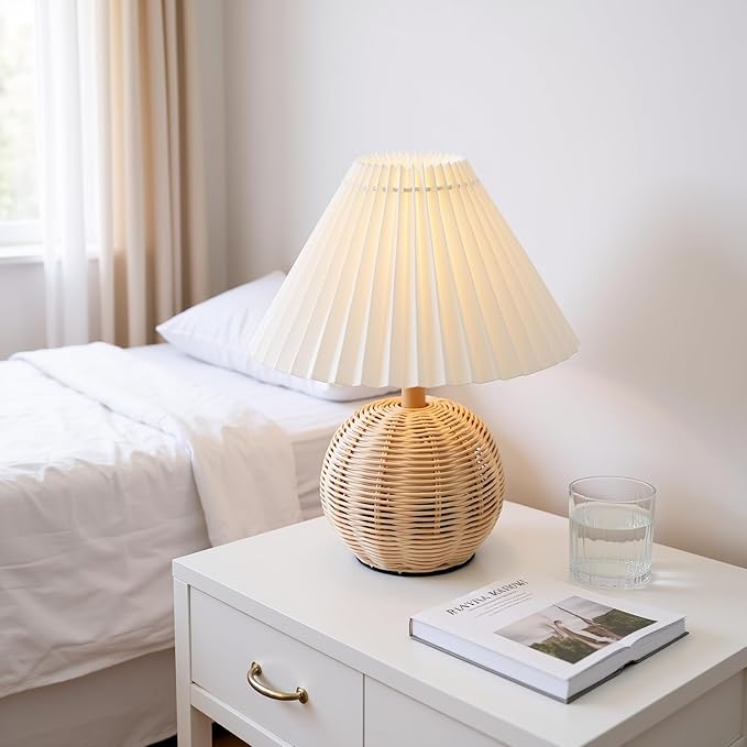 Hyuduo Pleated Table Lamp, Soft Yellow Light with Linen Lampshade and Rattan Base Bedside Lamp for Bedroom Nightstand, 10 Inch Shade 15 Inch Height Warm Glow Accent Light, Ideal for (Beige)