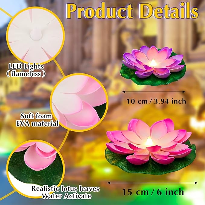 Hortsun 9 Pcs Floating Lotus Lights with Batteries Lily Pads Pool Flowers Floating Candles Decor Artificial Pond Plants Decorations for Pool Pond Outdoor Indoor (Pink,White,Purple,3.94/5.91 Inch)