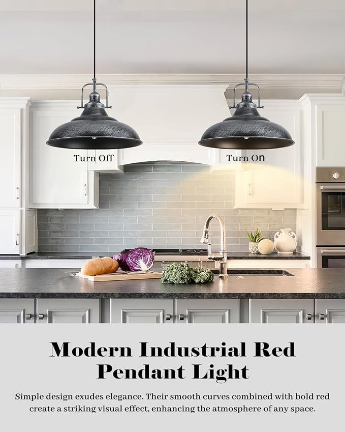 16 Inch Farmhouse Pendant Lights, Black and Silver Pendant Light Kitchen Island, Large Industrial Pendant Lights, Vintage Farmhouse Pendant Light for Kitchen Island, Dining Room (2 Pack)