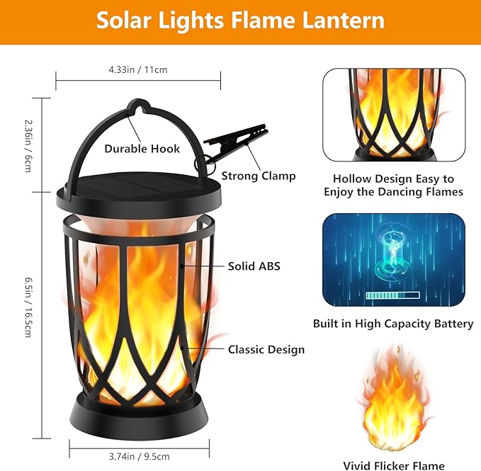 Solar Lanterns Outdoor Waterproof ,2 Pack Flickering Solar Flame Lights Upgraded Hanging Flame Lantern Pathway Torch Light Table Lamp, Auto On/ Off Porch Yard Gifts(2 Lighting Modes)