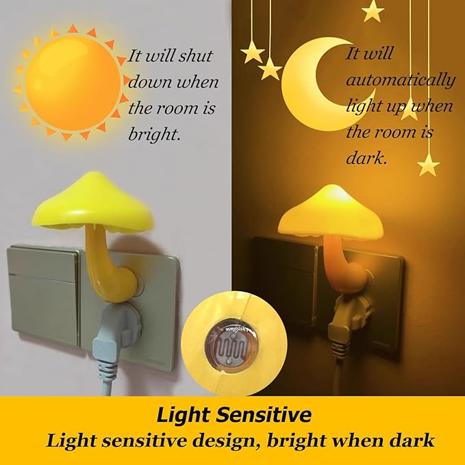 ESUPPORT 2 Pack Mushroom-Shaped Energy Saving Sensor LED Night Light with Plug Yellow(Average Life Expectancy 50000h) Yellow