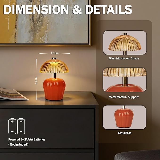 MJ PREMIER Small Cordless Lamp, Battery Operated Lamp with Timer, Mini Crystal Glass Mushroom Lampshade, Cute Small Table Lamps, Decorative Led Light for Bedroom Living Room Shelf (Orange)