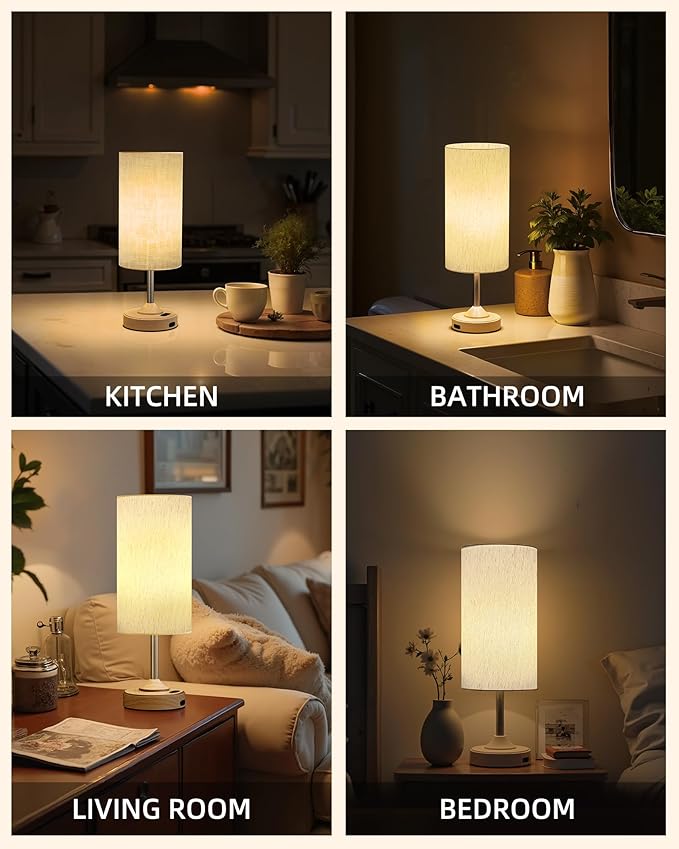 Rechargeable Table Lamp, 2-Pack, Ambient Light, Dimmable, 2700K, Timer, Touch Control, Portable, LED, Wireless, Cordless e, Battery Operated, Desk Lamp, Kitchen Lamp, Fabric Shade, Wood-Grain Finish
