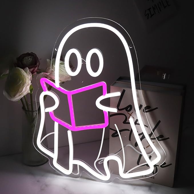 Ghost Reading Book lamp, Reading Ghost Neon Sign Led Reading Room Neon Sign Hanging Reading Book Neon Light For Bedroom Home Library Read Club Kids Room Store Book Lover Gifts(USB Sign)