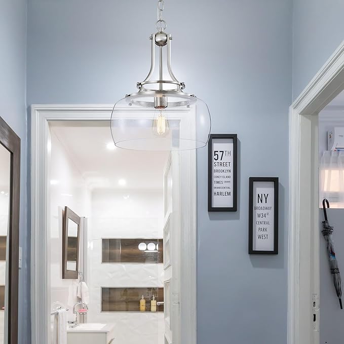 WUZUPS Chandelier Rustic Farmhouse Industrial Round Ceiling Pendant LED Light Fixture Clear Seeded Glass Shade for Dining Room Kitchen Island Foyer Entryway, H 17" x W 13.4", E26 Base, Brushed Nickel