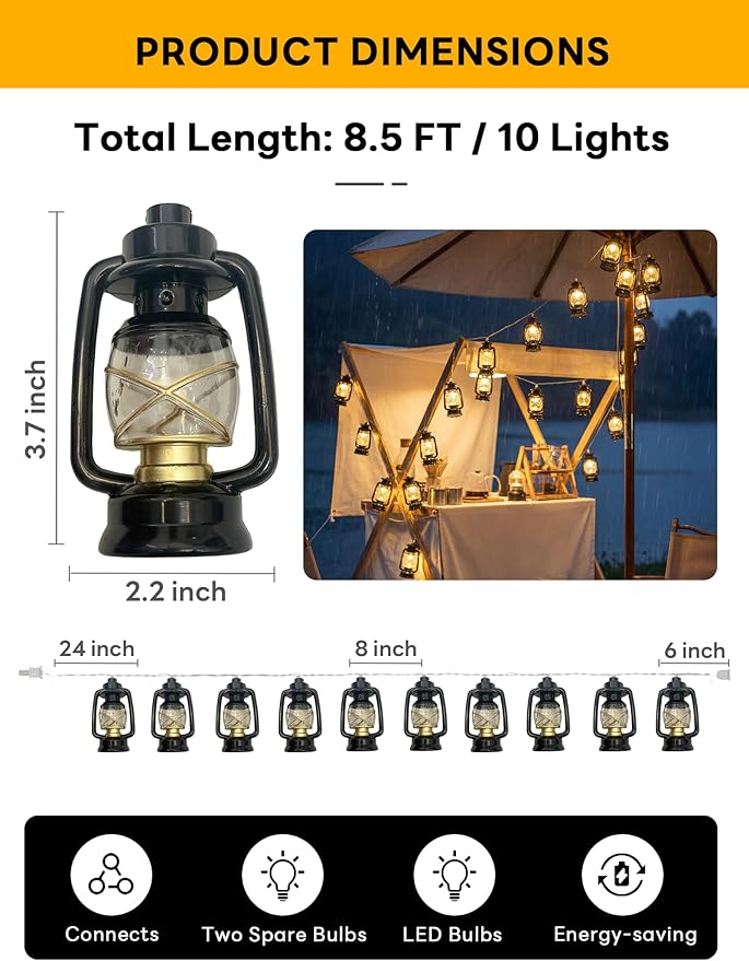 8.5Ft Black Mini Kerosene String Lights, Vintage Fairy Decorative Lights with 10 Mini Black Kerosene Lights, Connectable Outdoor Lantern Christmas Light for Bedroom Camping Wedding Garden Holiday