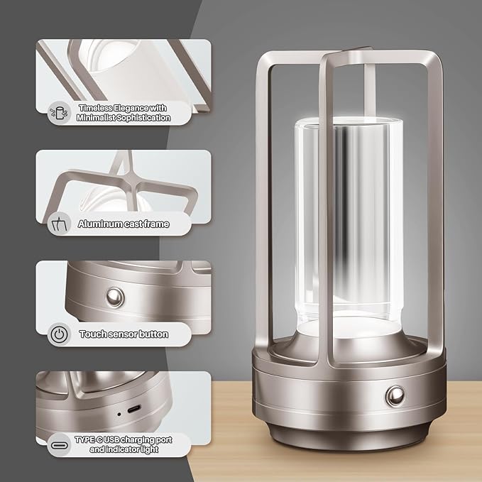 Rechargeable Table Lamp Cordless, Portable Metal Table Lamp 3 Color | Crystal | Stepless Dimming, for Bedroom, Cafe, Camping, Bar, Dining Table, Restaurant
