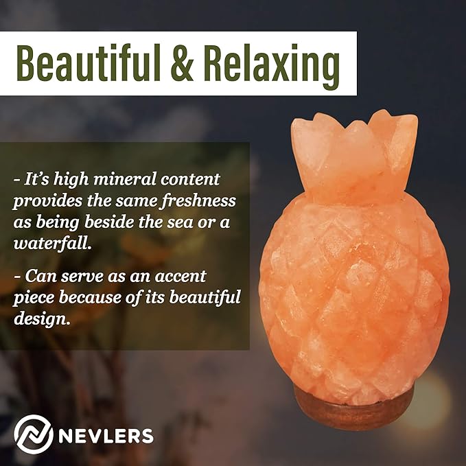 Nevlers Pineapple Shape Pink Himalayan Salt Lamp w/Wood Base| 7-8 lbs & 7"- 8" Tall Himalayan Pink Salt Lamp w/Dimmer Cord & Light Bulb| 100% Salt Rock Lamp | Ambient Salt Crystal Lamp for Home Decor