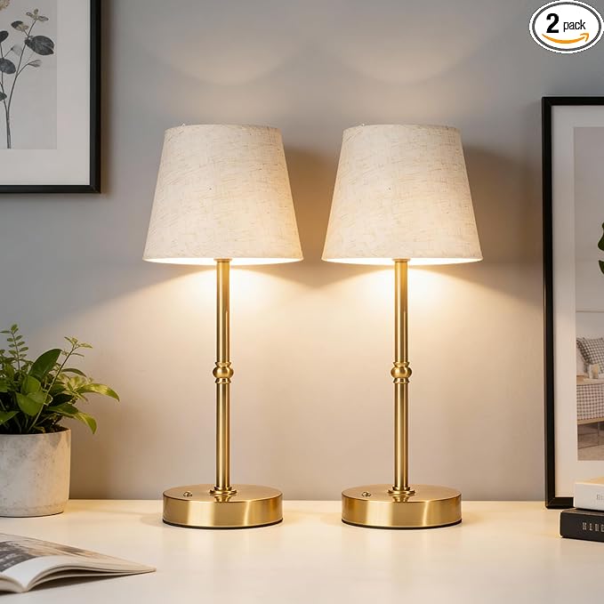 Cordless Table Lamp Rechargeable, LED Table Lamps with Touch Control, Stepless Dimmable Bedside Lamp, 6000mAh Battery Operated USB-C Lamp for Bedroom, Dining, Patio, Small Fabric Lamp Gold 2PCS