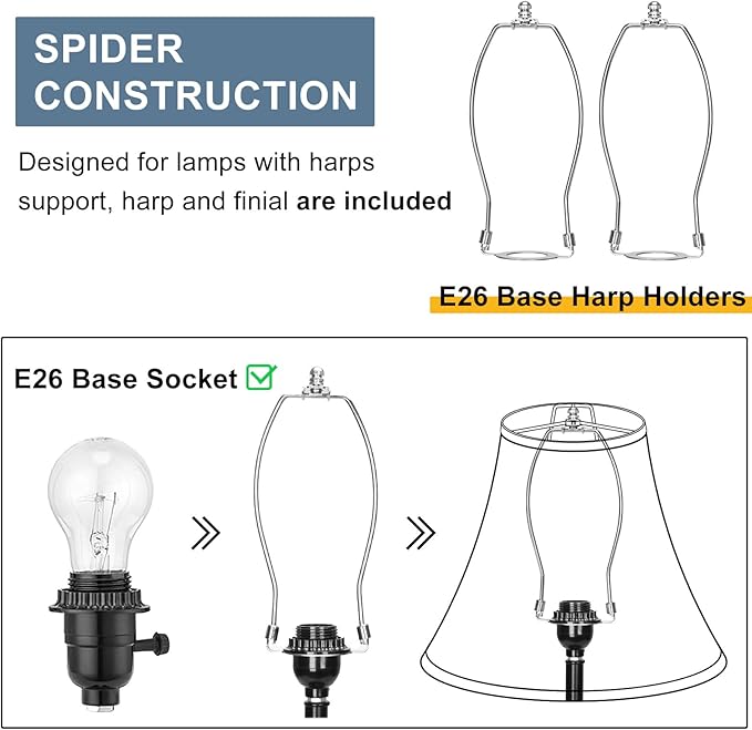 Bell Lamp Shades Set of 2, Gray Fabric Lampshades 6"Top x 13"Bottom x 10"High Medium Shade Replacement, Natural Linen Hand Crafted(Spider Fitter), Harp Holders Included, Easy Assembly Required