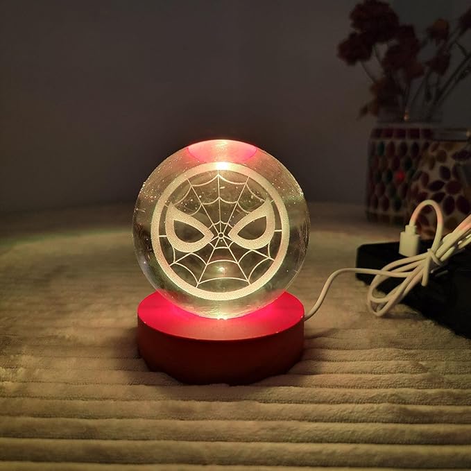 Marvel Spiderman Globe Light Crystal Orb Lamp with Color Changing LED Glow, USB Powered Night Light with Wooden Base, Decorative Ambient Accent Light for Bedroom, Desk, Kids Room Gift