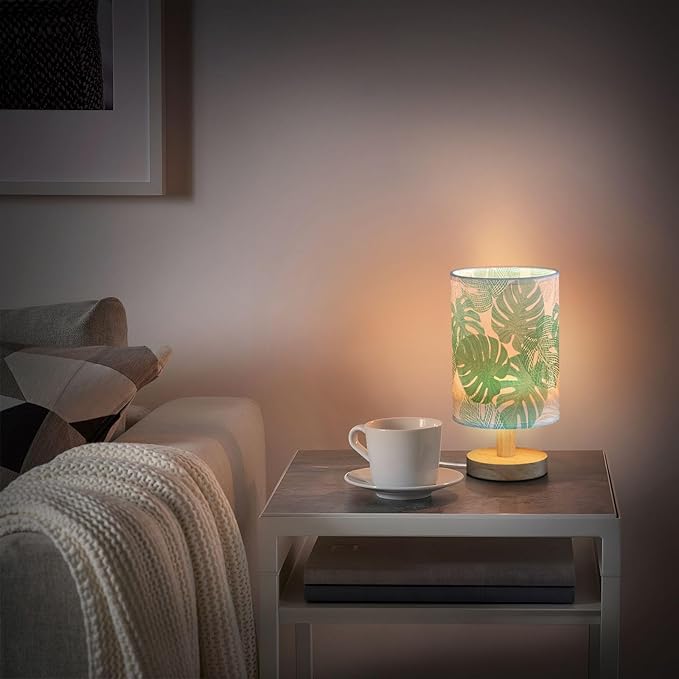 Monstera Leaf Tropical Leaves Jungle Foliage Table Lamp with Wood Base Fabric Lamp Shade Bedside Nightstand Desk Lamp for Living Room Bedroom Kids Room Office